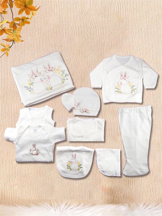 Kinder Baby Zıpır Kız Bebek Fiyonklu Tavşan 10'lu Hastane Çıkış Seti Ekru 532