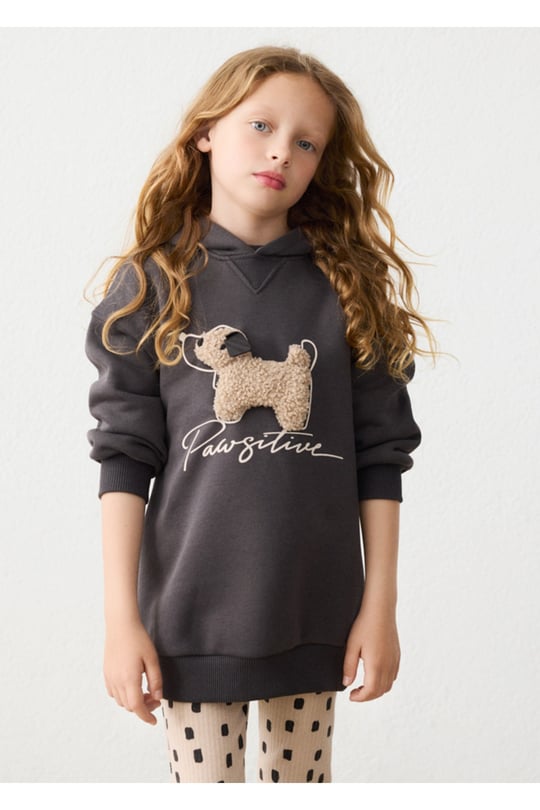 Mayoral Kız Çocuk Baskılı Kapüşonlu Sweatshirt Elbise Antrasit 4916