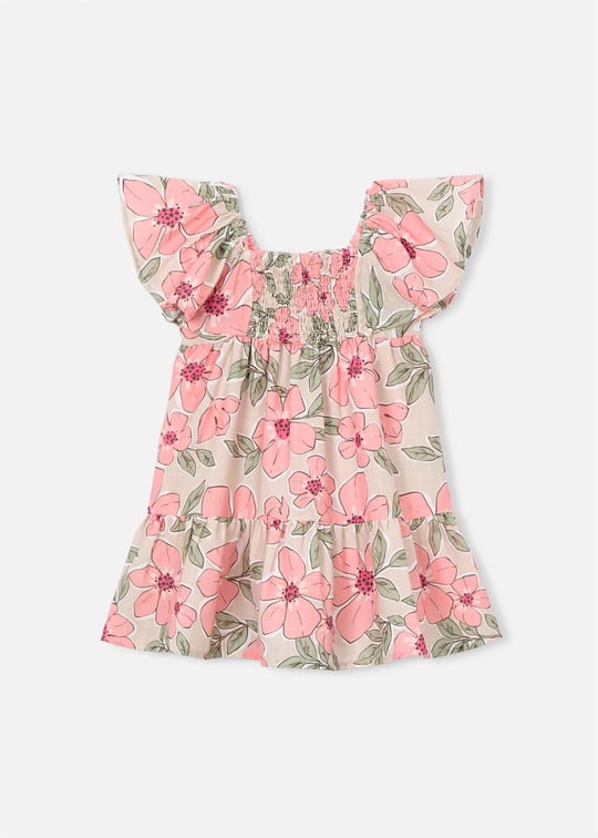 Mayoral Kız Çocuk Çiçek Desenli Büzgülü Elbise Somon 3932