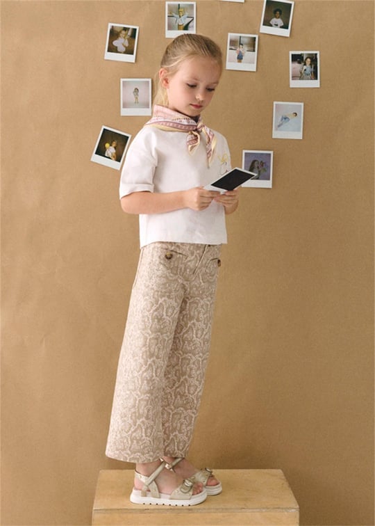 Mayoral Kız Çocuk Desenli Gabardin Bol Paça Pantolon Bej 3587