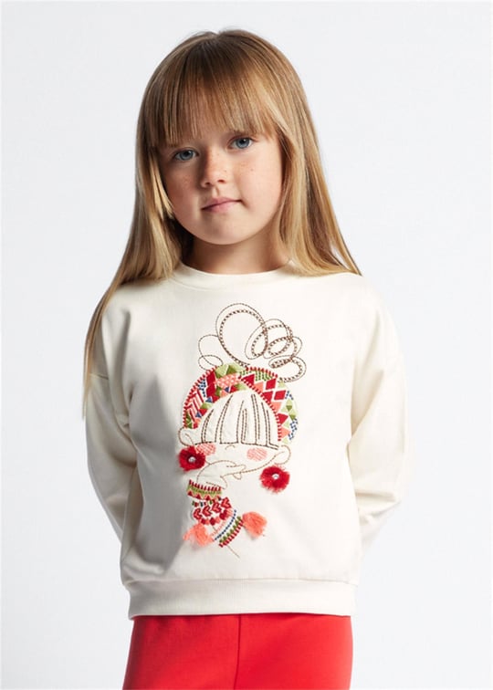 Mayoral Kız Çocuk İşlemeli Çizim Sweatshirt Bej 3469