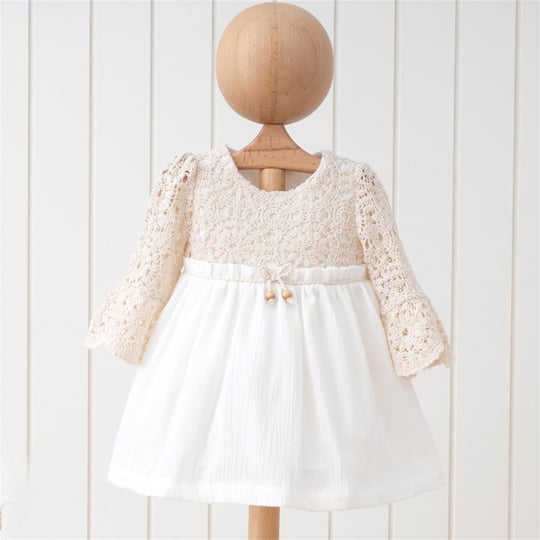Mymio Baby Kız Bebek Boncuklu Naturel Uzun Kollu Elbise Ekru 3902