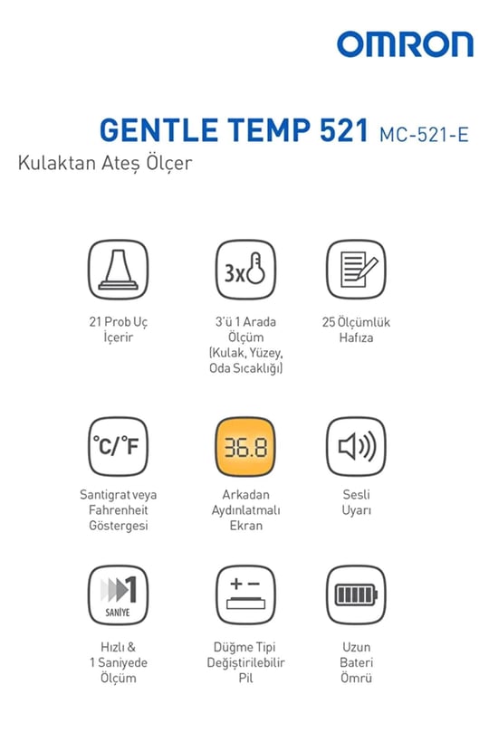 Omron Gentle Temp Işıklı Kulaktan Ateş Ölçer 521