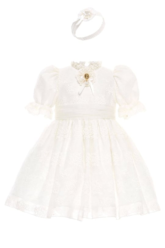 Pamina Kız Bebek Bandanalı Dantelli Elbise Ekru 36315