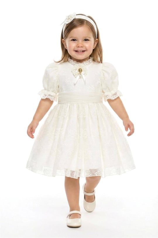 Pamina Kız Bebek Bandanalı Dantelli Elbise Ekru 36315