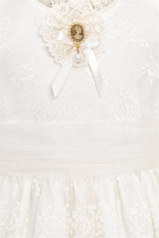Pamina Kız Bebek Bandanalı Dantelli Elbise Ekru 36315