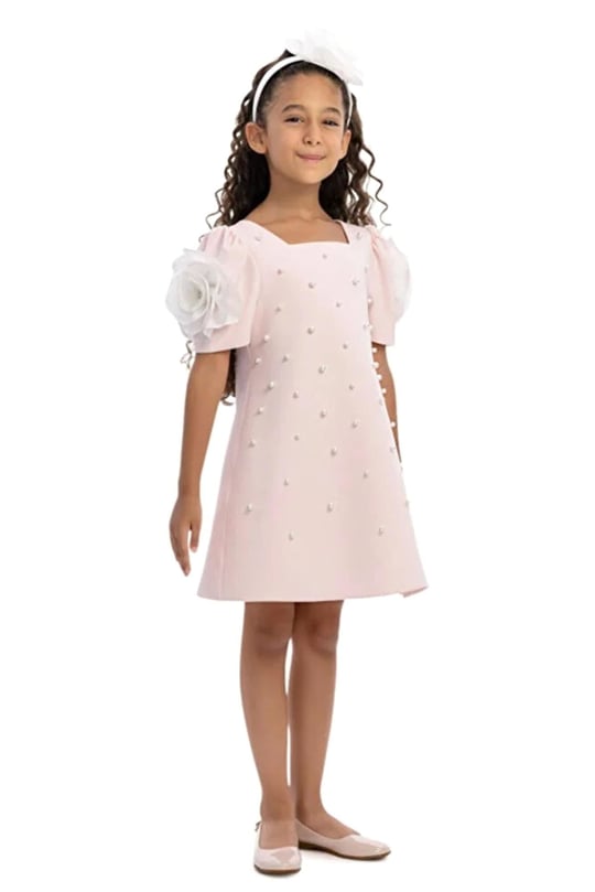 Pamina Kız Çocuk Taç Tokalı İncili Elbise Pembe 36129