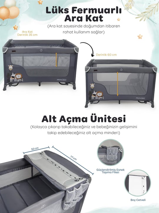 Prego Atlanta Max Oyun Parkı 70*120 Gri + Yatak Hediyeli