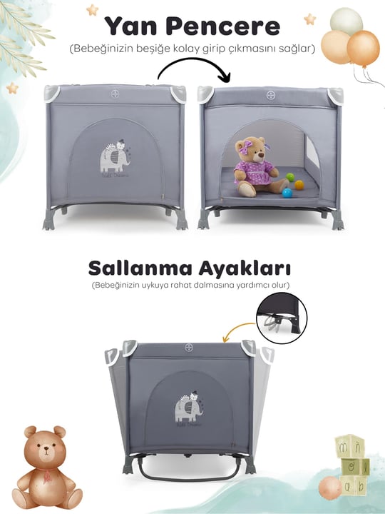 Prego Atlanta Oyun Parkı 70*120 Cm Gri + Yatak Hediyeli