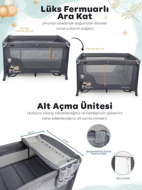 Prego Atlanta Oyun Parkı 70*120 Cm Gri + Yatak Hediyeli