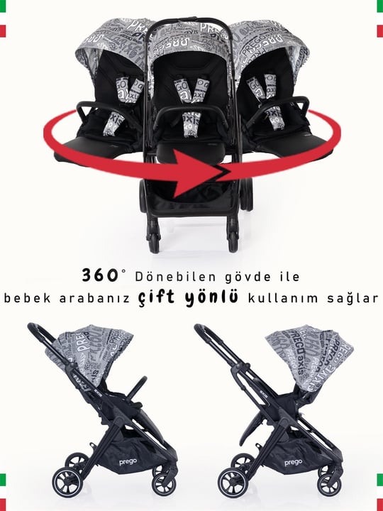 Prego Axis 360 Derece Dönebilen Çift Yönlü Travel Bebek Arabası Gri 2242