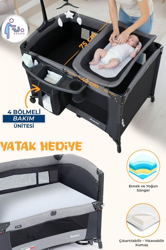 Prego Dubai 3in1 Anne Yanı Park Yatak Oyun Parkı Sallanır Beşik Yana Açılır - Kolay Katlanır +Yatak Hediye GRİ