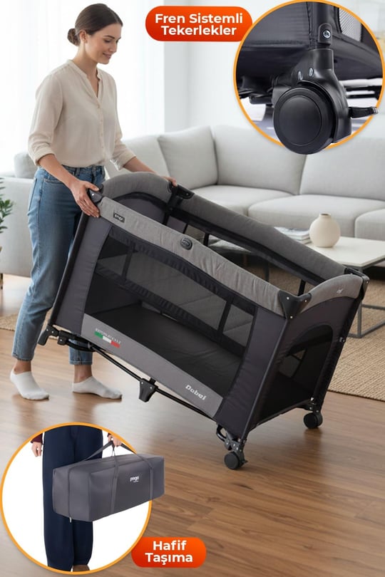 Prego Dubai 3in1 Anne Yanı Park Yatak Oyun Parkı Sallanır Beşik Yana Açılır - Kolay Katlanır +Yatak Hediye GRİ