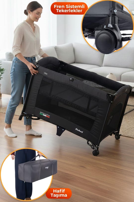 Prego Dubai 3in1 Anne Yanı Park Yatak Oyun Parkı Sallanır Beşik Yana Açılır - Kolay Katlanır +Yatak Hediye FÜME