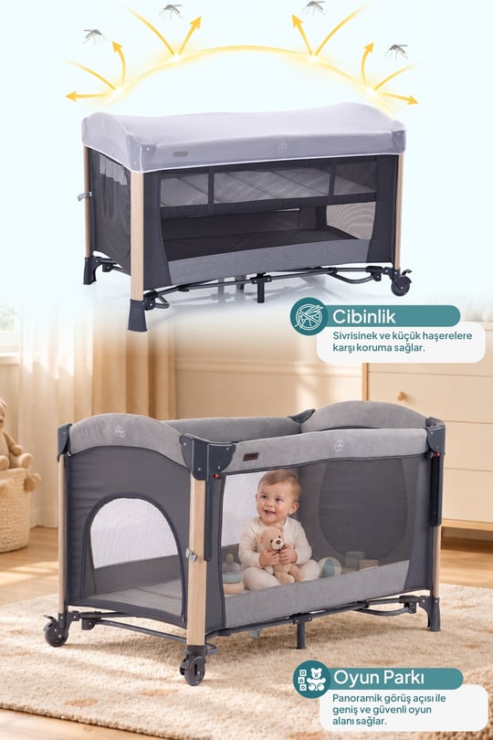 Prego Elips Plus - Yatak Hediyeli Anne Yanı Park Yatak Gri