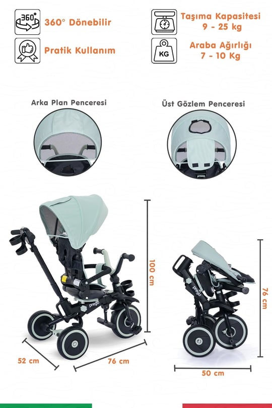 Prego Happy Dino Plus 360° Dönebilen Koltuklu Tamamen Katlanabilir Çocuk Bisikleti Yeşil P670