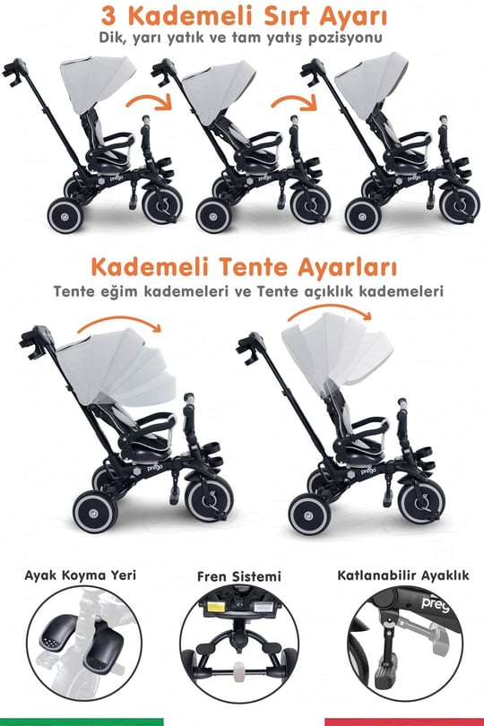 Prego Happy Dino Plus 360° Dönebilen Koltuklu Tamamen Katlanabilir Çocuk Bisikleti Gri P670