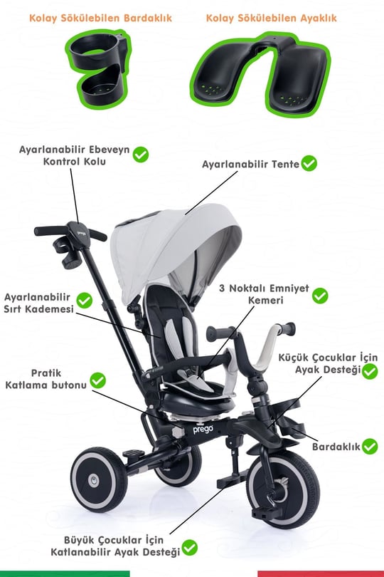 Prego Happy Dino Plus 360° Dönebilen Koltuklu Tamamen Katlanabilir Çocuk Bisikleti Gri P670