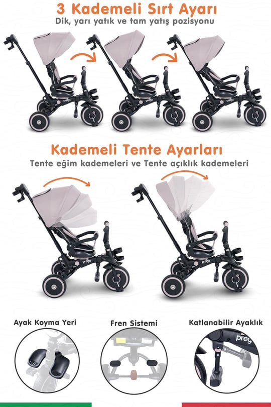 Prego Happy Dino Plus 360° Dönebilen Koltuklu Tamamen Katlanabilir Çocuk Bisikleti Bej P670