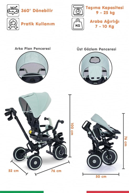 Prego Happy Dino Plus 360° Dönebilen Koltuklu Tamamen Katlanabilir Çocuk Bisikleti Yeşil P670