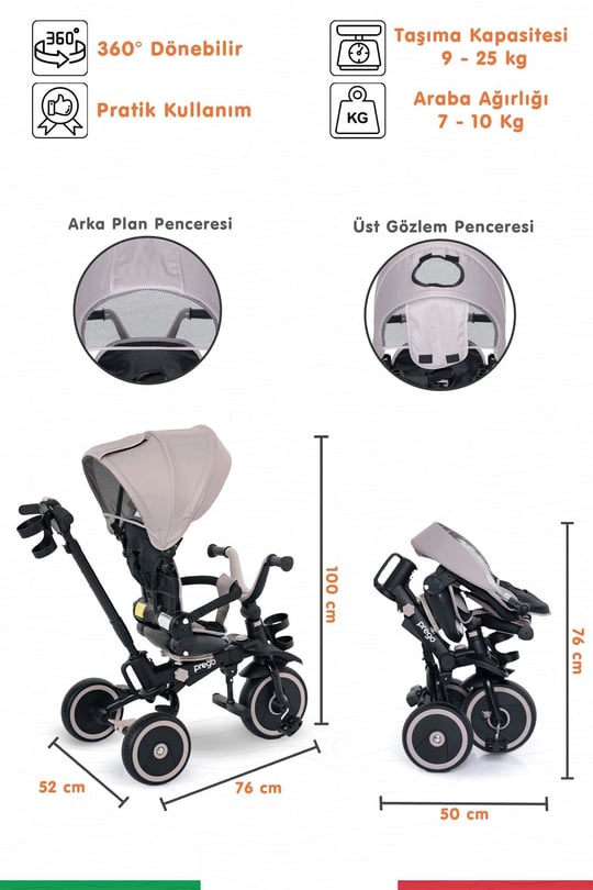 Prego Happy Dino Plus 360° Dönebilen Koltuklu Tamamen Katlanabilir Çocuk Bisikleti Bej P670