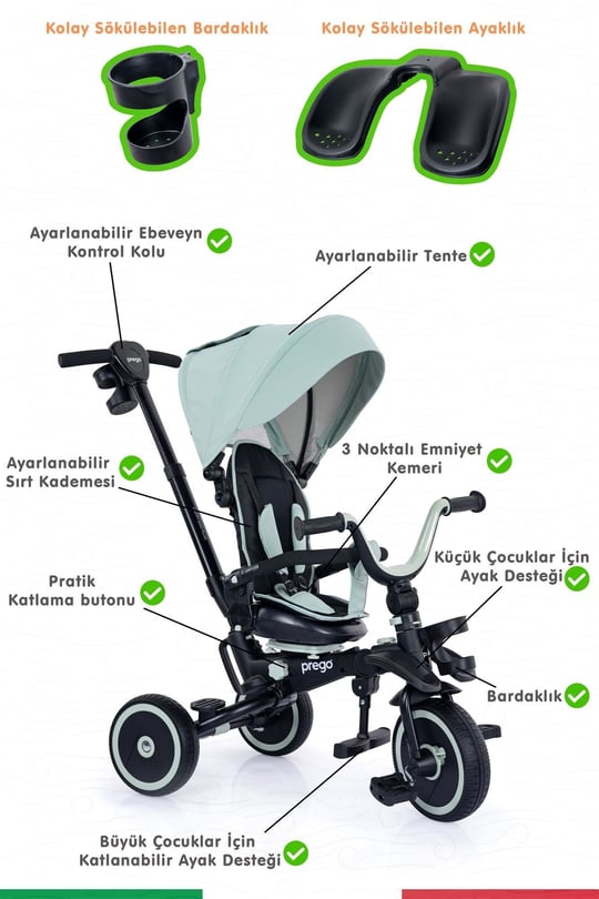 Prego Happy Dino Plus 360° Dönebilen Koltuklu Tamamen Katlanabilir Çocuk Bisikleti Yeşil P670