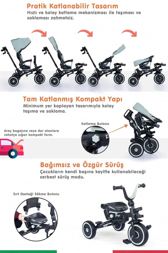 Prego Happy Dino Plus 360° Dönebilen Koltuklu Tamamen Katlanabilir Çocuk Bisikleti Yeşil P670
