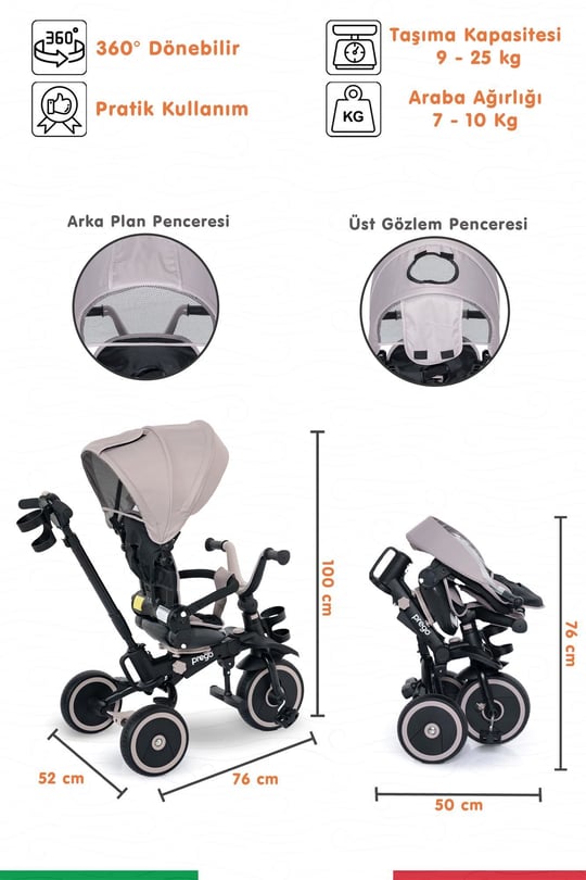 Prego Happy Dino Plus 360° Dönebilen Koltuklu Tamamen Katlanabilir Çocuk Bisikleti Bej P670