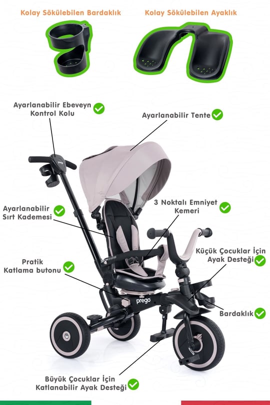 Prego Happy Dino Plus 360° Dönebilen Koltuklu Tamamen Katlanabilir Çocuk Bisikleti Bej P670
