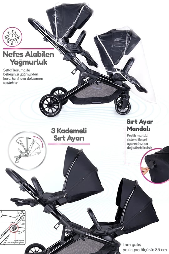 Prego İbiza New Pro İkiz Bebek Arabası Siyah