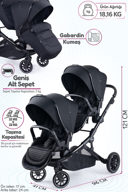 Prego İbiza New Pro Travel Sistem İkiz Bebek Arabası Siyah