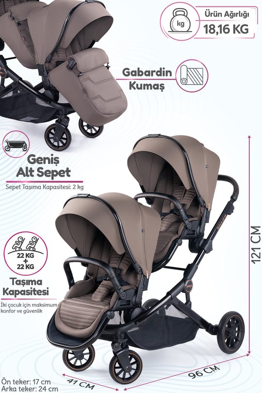 Prego İbiza New Pro Travel Sistem İkiz Bebek Arabası Kahverengi