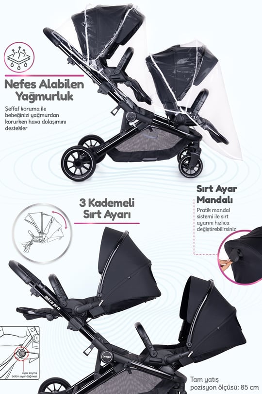 Prego İbiza New Pro Travel Sistem İkiz Bebek Arabası Siyah