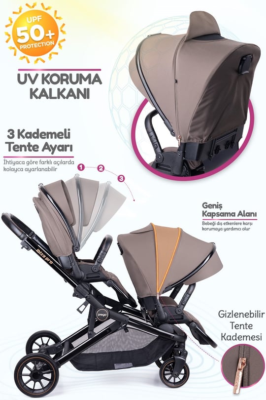 Prego İbiza New Pro Travel Sistem İkiz Bebek Arabası Kahverengi