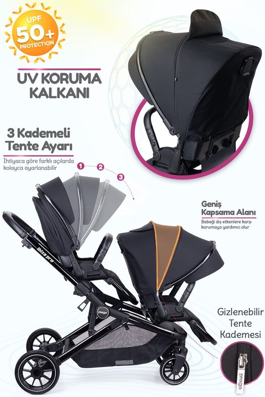 Prego İbiza New Pro Travel Sistem İkiz Bebek Arabası Siyah