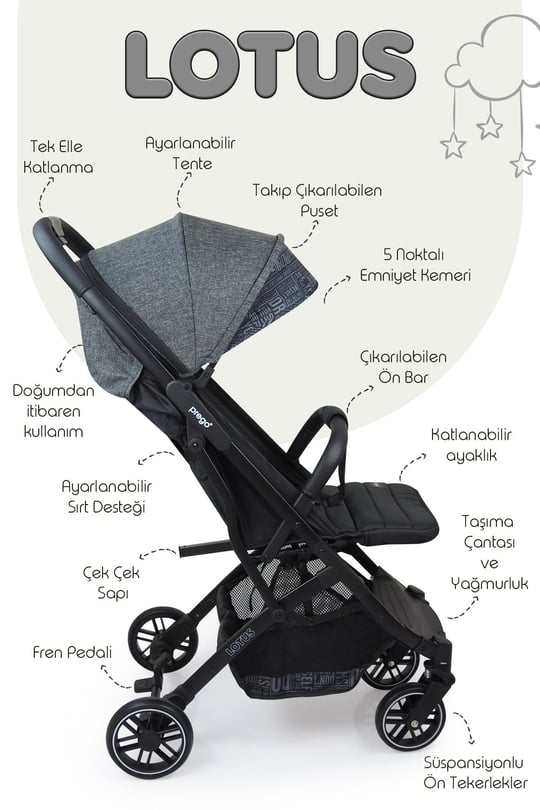 Prego Lotus Katlanabilir Kabin Boy Travel Bebek Arabası Gri 2033