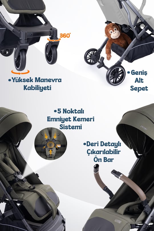 Prego Lotus Pro Kabin Boy Travel Bebek Arabası -Tek Elle Katlanır-Hafif -UV Tenteli -Yağmurluk-Örtü-Kılıf Haki