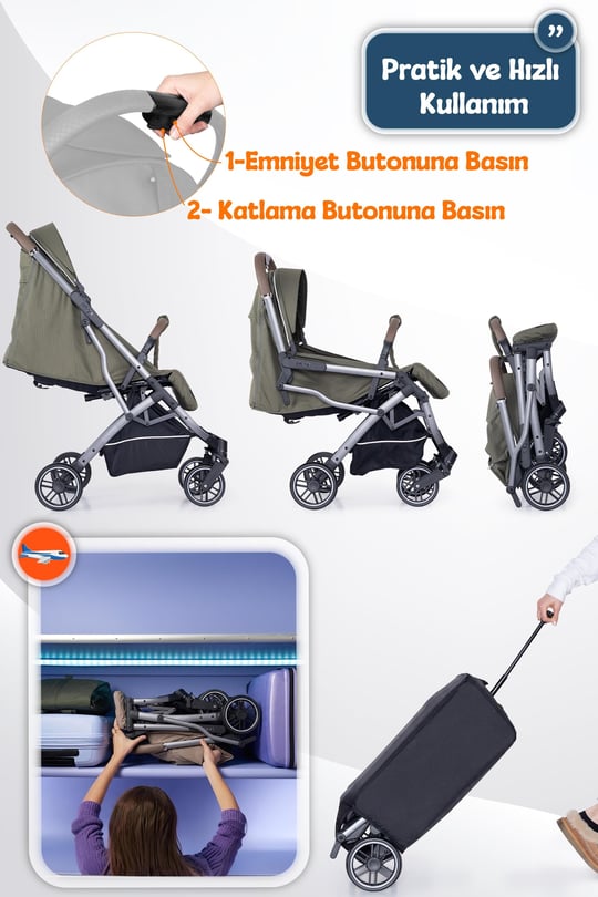 Prego Lotus Pro Kabin Boy Travel Bebek Arabası -Tek Elle Katlanır-Hafif -UV Tenteli -Yağmurluk-Örtü-Kılıf Haki