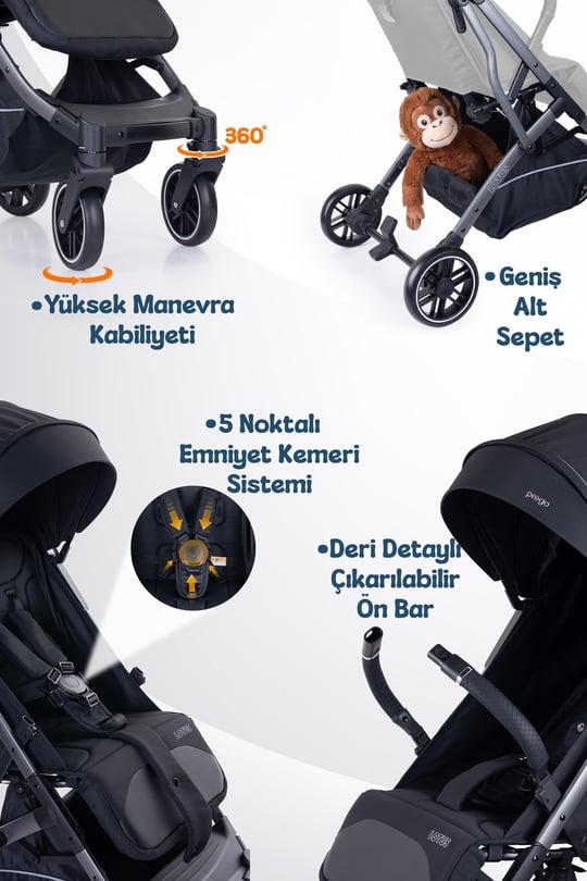 Prego Lotus Pro Kabin Boy Travel Bebek Arabası -Tek Elle Katlanır-Hafif -UV Tenteli -Yağmurluk-Örtü-Kılıf Siyah