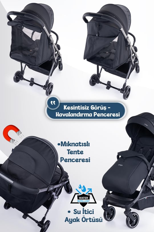Prego Lotus Pro Kabin Boy Travel Bebek Arabası -Tek Elle Katlanır-Hafif -UV Tenteli -Yağmurluk-Örtü-Kılıf Siyah