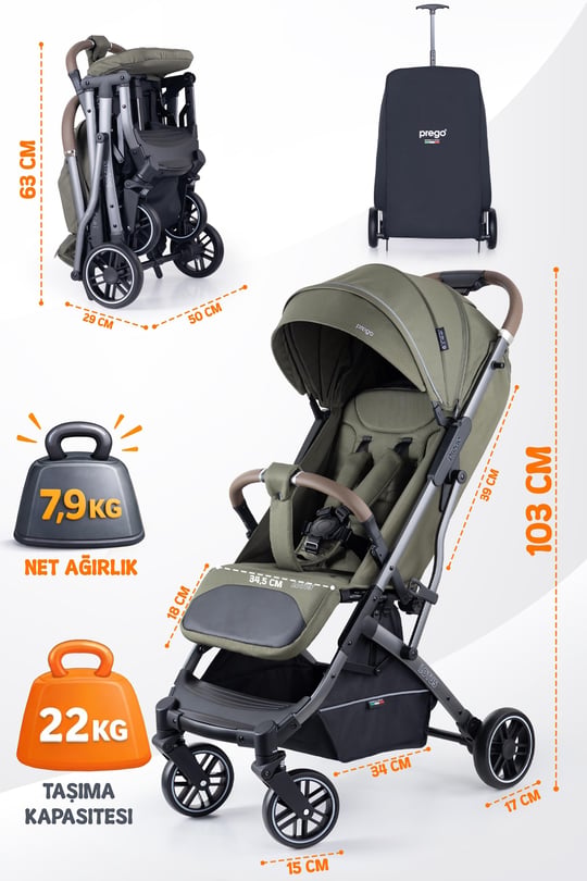 Prego Lotus Pro Kabin Boy Travel Bebek Arabası -Tek Elle Katlanır-Hafif -UV Tenteli -Yağmurluk-Örtü-Kılıf Haki