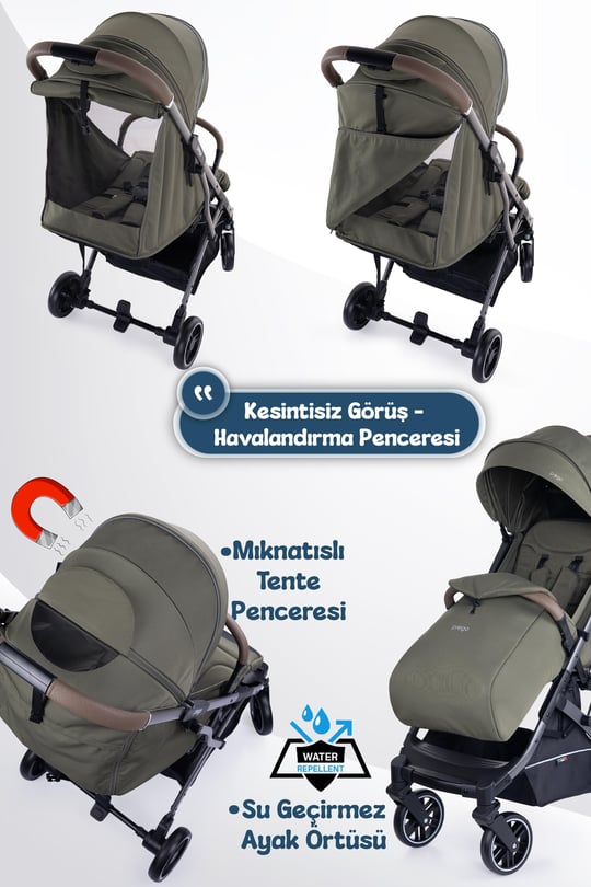 Prego Lotus Pro Kabin Boy Travel Bebek Arabası -Tek Elle Katlanır-Hafif -UV Tenteli -Yağmurluk-Örtü-Kılıf Haki