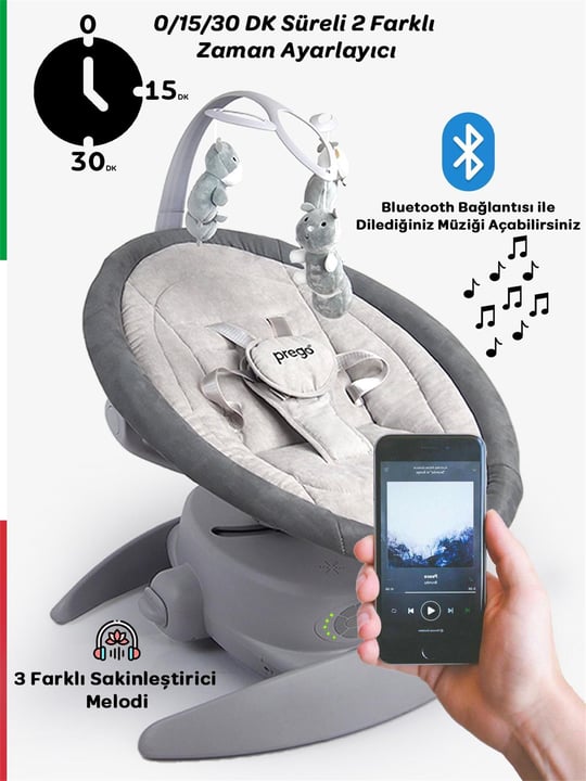 Prego Pegasus Dönebilen Elektrikli ve Pilli Otomatik Ana Kucağı Bluetoothlu Gri 4089