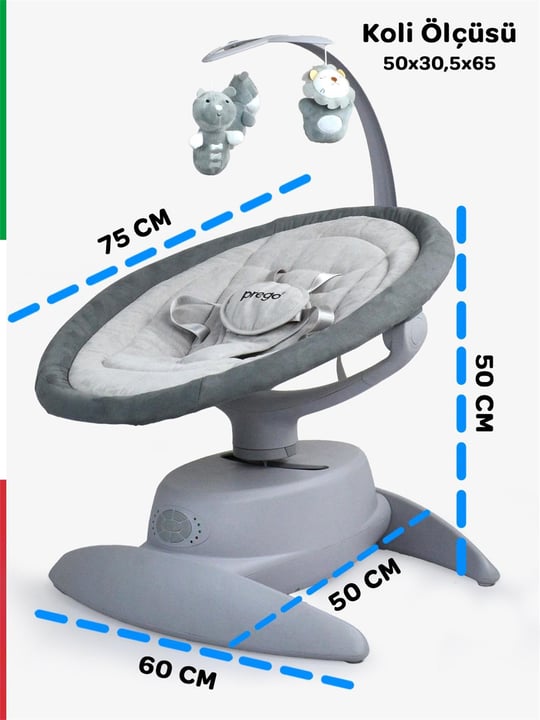 Prego Pegasus Dönebilen Elektrikli ve Pilli Otomatik Ana Kucağı Bluetoothlu Gri 4089