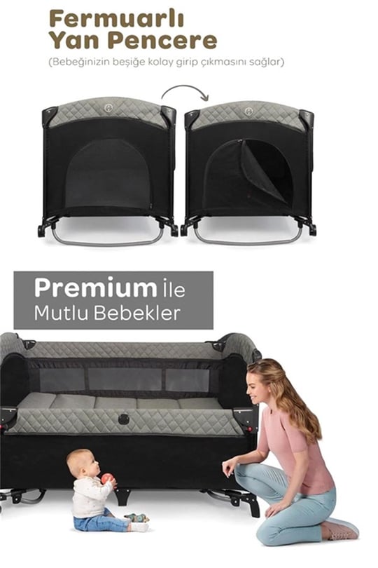 Prego Premium Anne Yanı Dönenceli Oyun Parkı 70*120 Cm Gri 8048