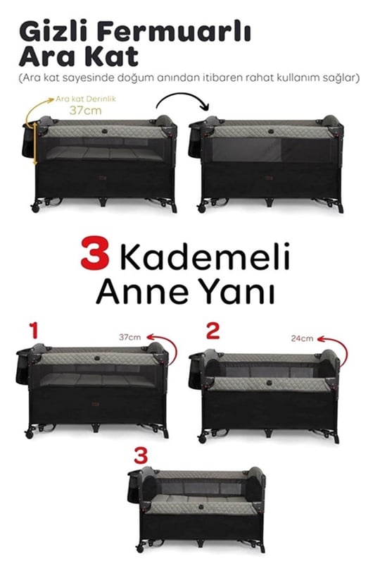 Prego Premium Anne Yanı Dönenceli Oyun Parkı 70*120 Cm Gri 8048