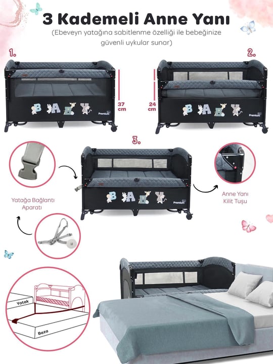 Prego Premium Anne Yanı Oyun Parkı 70*120 Cm Bej + Yatak Hediyeli