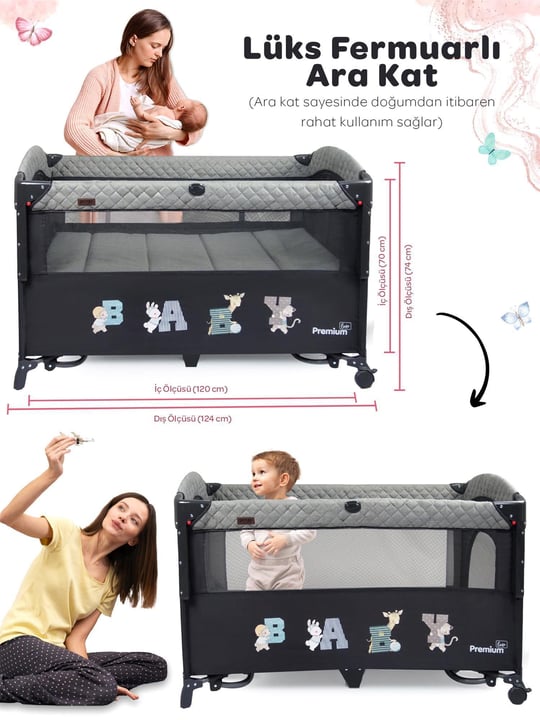 Prego Premium Anne Yanı Oyun Parkı 70*120 Cm Gri 8048