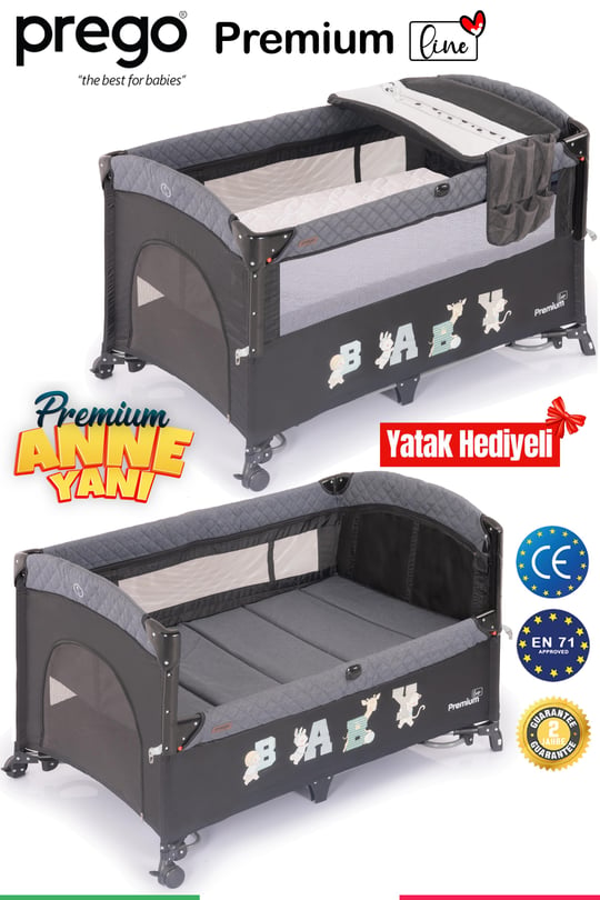 Prego Premium Line Alt Açma Üniteli Anne Yanı Oyun Parkı + Yatak Hediyeli Füme