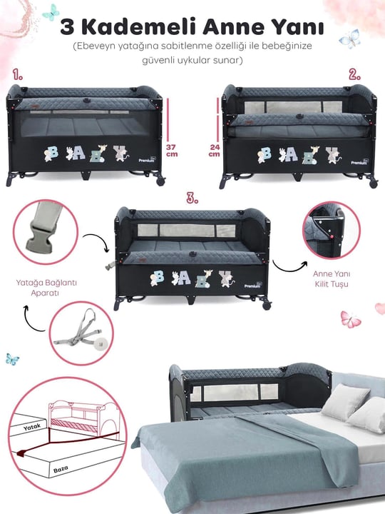 Prego Premium Line Alt Açma Üniteli BEJ Anne Yanı Oyun Parkı 70*120 Cm Bej 8049